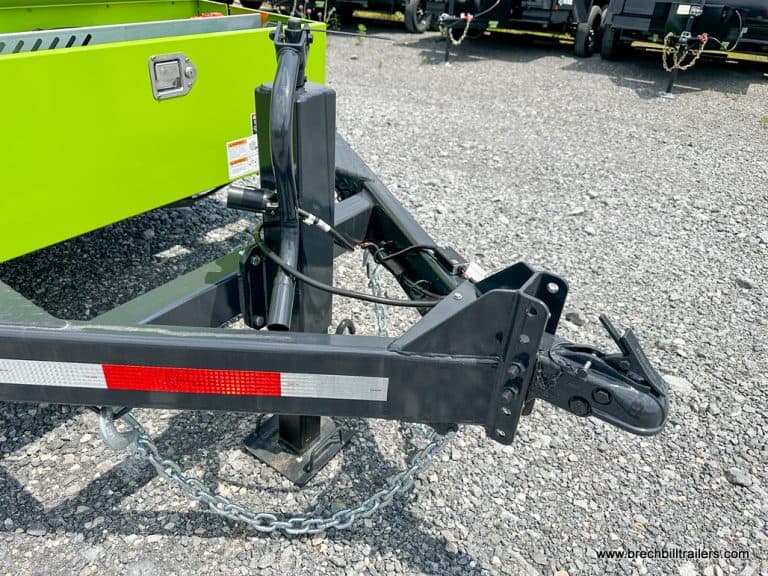 Close-up of the trailer's adjustable 2 5/16" coupler, ensuring compatibility with various towing vehicles
