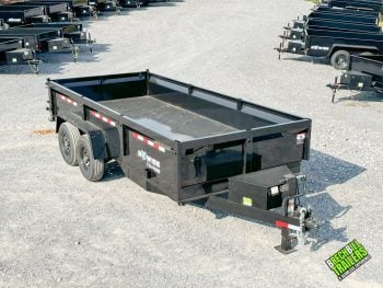 A black Bwise 14K LP LE Low Pro Dump Trailer parked on display at the dealership.