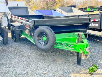 The front of a lime green and black 16ft Horizon dump trailer